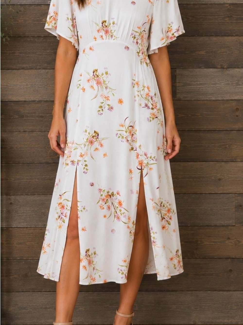 MINKPINK White Floral Split Midi Dress with Pastel Bouquet Print